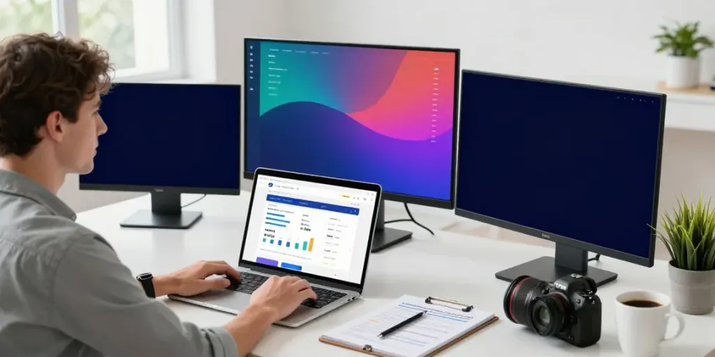 Professional digital marketer analyzing instant indexing tools and metrics in a bright workspace