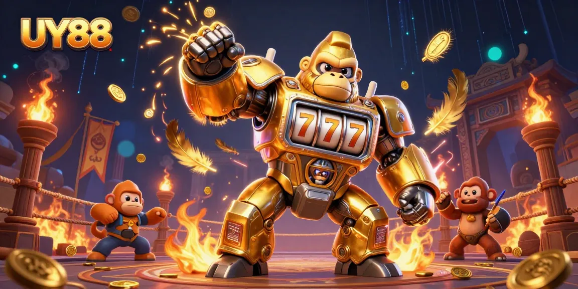 Play to win with UY88's thrilling 3D casino action featuring a dynamic golden gorilla mech!
