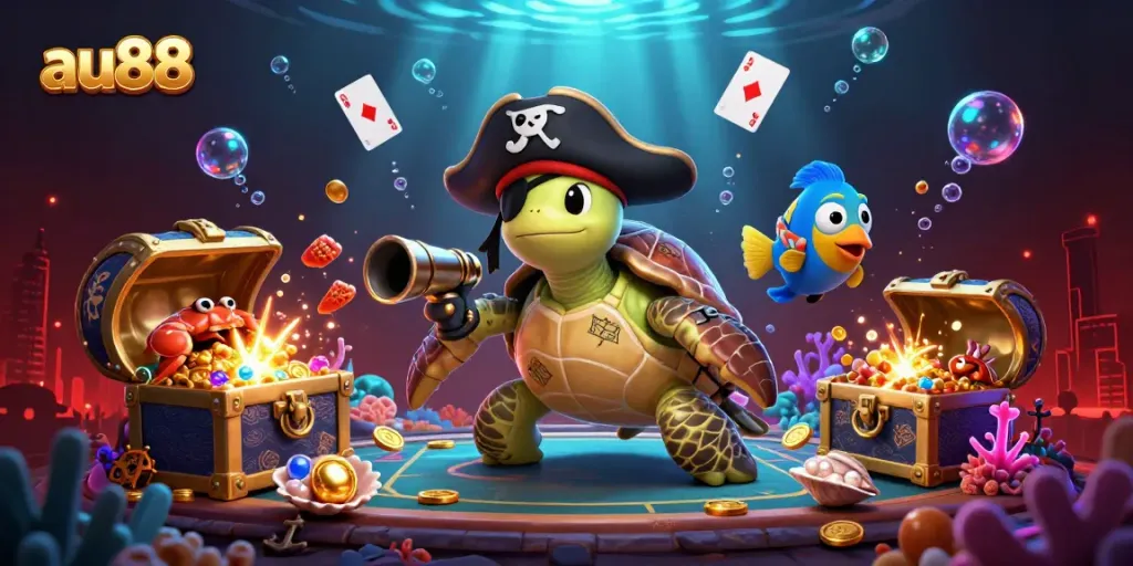 Experience the vibrant underwater casino world of au88 with a pirate turtle, crab, and parrotfish above treasure.