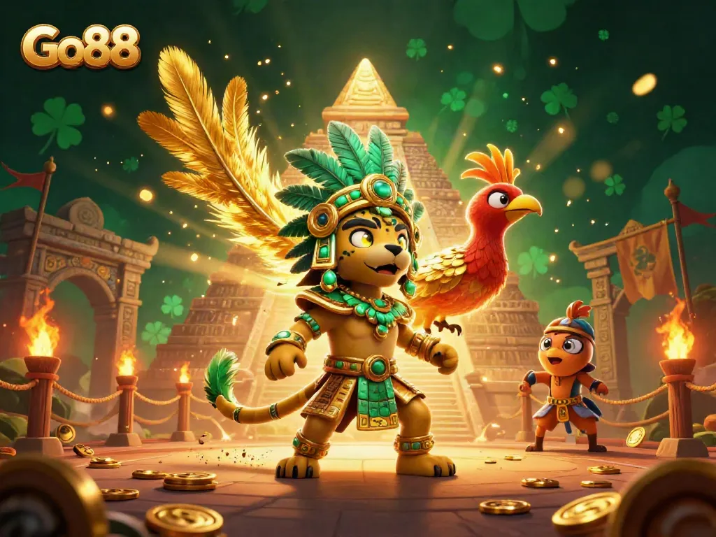 Engage with exhilarating gaming at Go88's vibrant Mayan-inspired casino scene featuring a priest and quetzal bird.