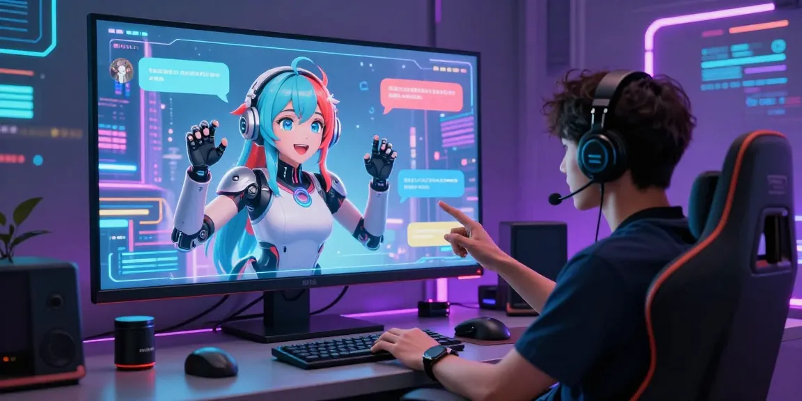 Engaging AI chat hentai interaction in a vibrant futuristic setting, showcasing a humanoid character and a user.