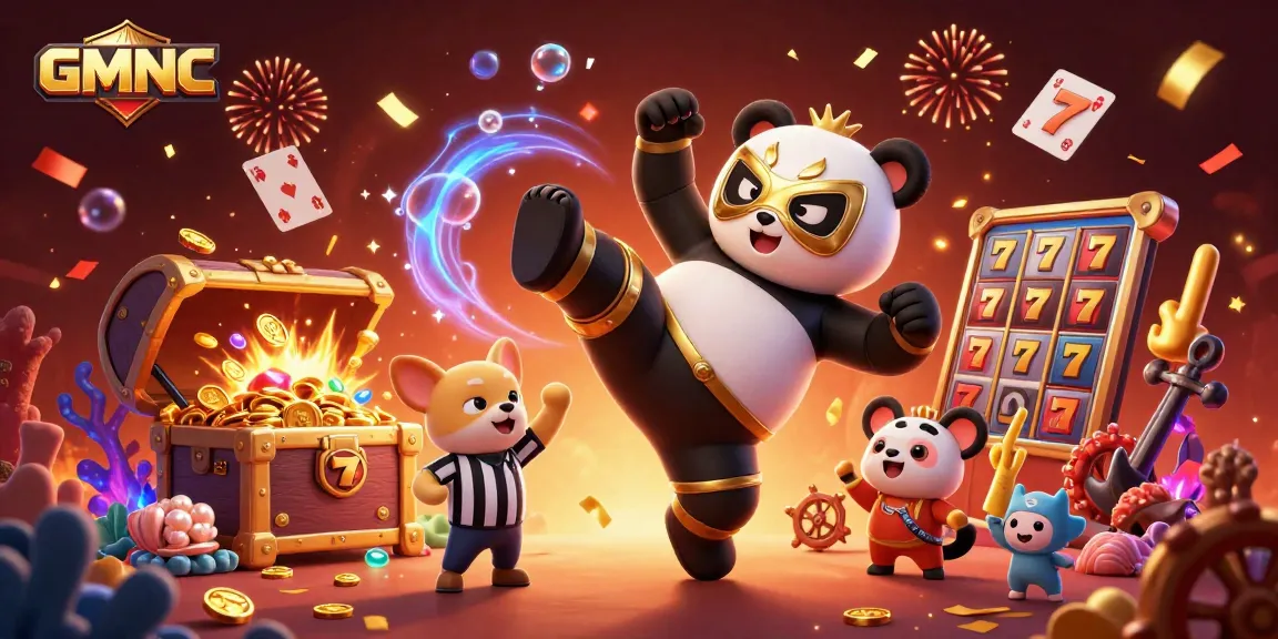 Engage with GMNC for thrilling slots action featuring panda wrestler and chihuahua referee in vibrant casino scene.