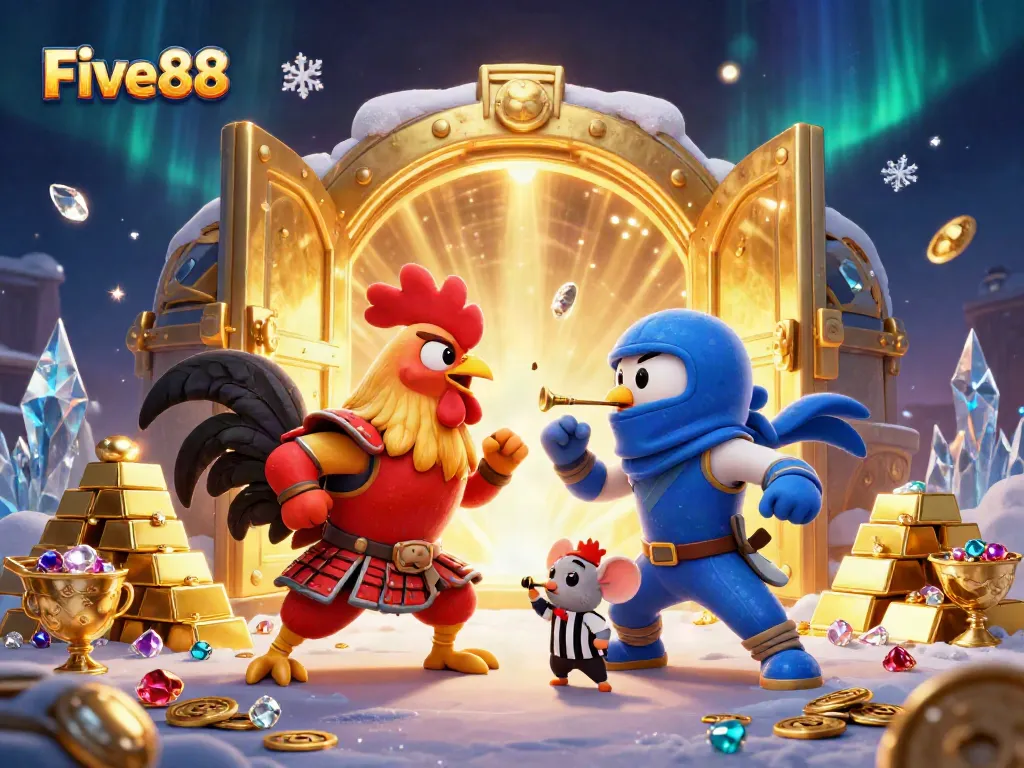 Engage with the thrilling world of Five88 as cartoon roosters clash with gold treasures all around.