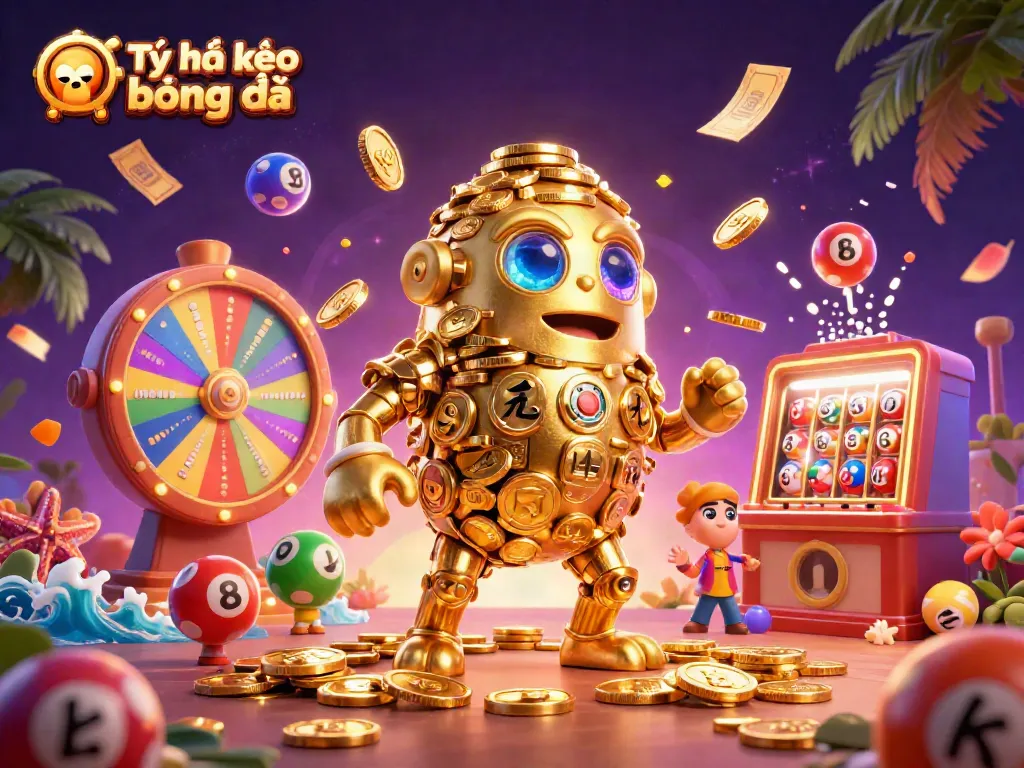 Tỷ lệ kèo bóng đá inspired scene featuring a golden golem made of coins among dynamic lottery elements and prizes.