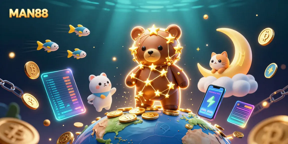 Engage with MAN88's thrilling gaming experience featuring a celestial bear and crypto elements.