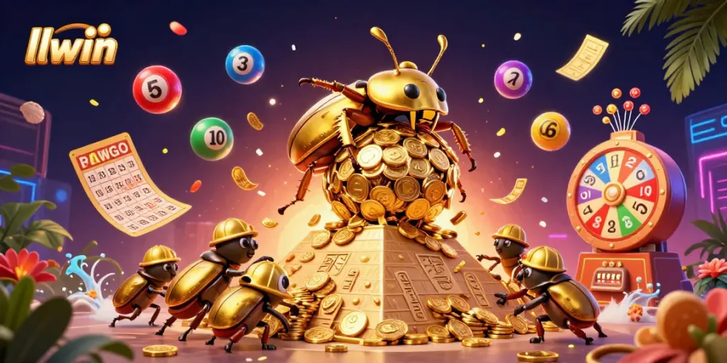 Experience llwin excitement with golden beetles and vibrant casino elements in this dynamic illustration.