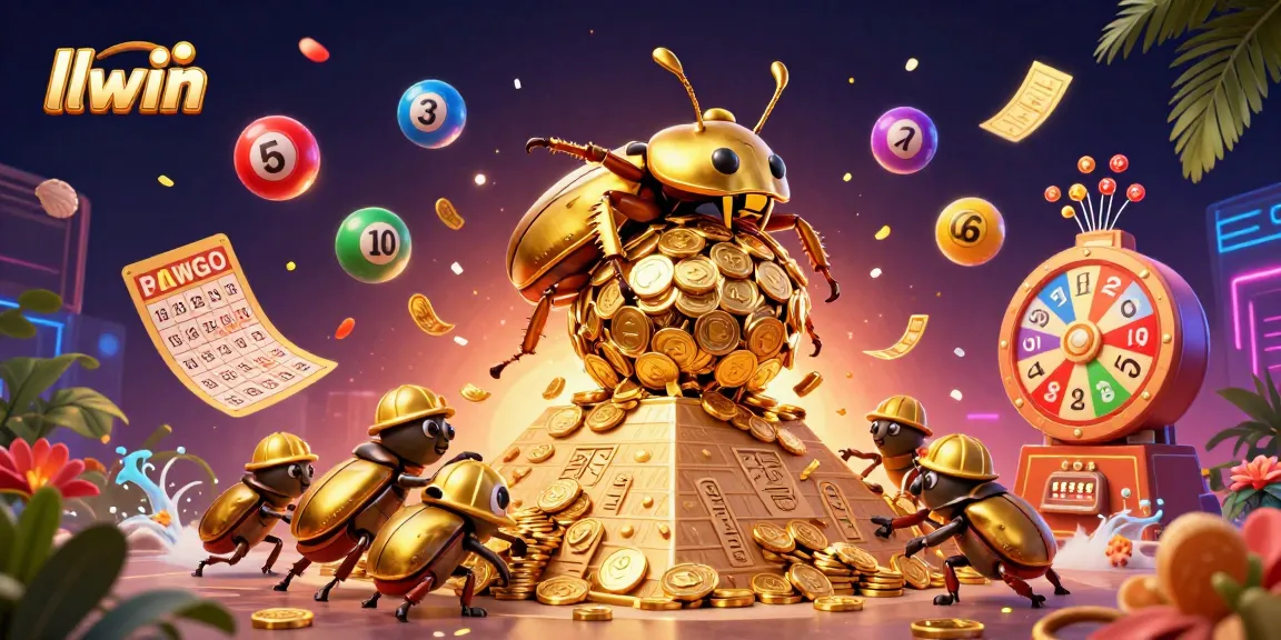 Experience llwin excitement with golden beetles and vibrant casino elements in this dynamic illustration.