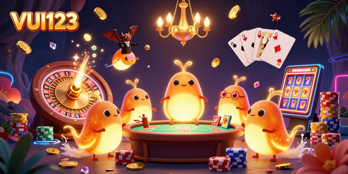 Play exciting games at VUI123, illuminated by bioluminescent glowworms in a vibrant casino scene.