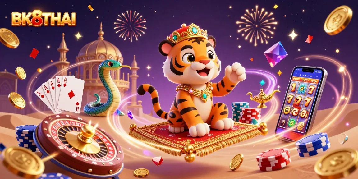 Engage with BK8THAI in a vibrant 3D casino adventure featuring a sultan, sparkling gems, and a roulette wheel.
