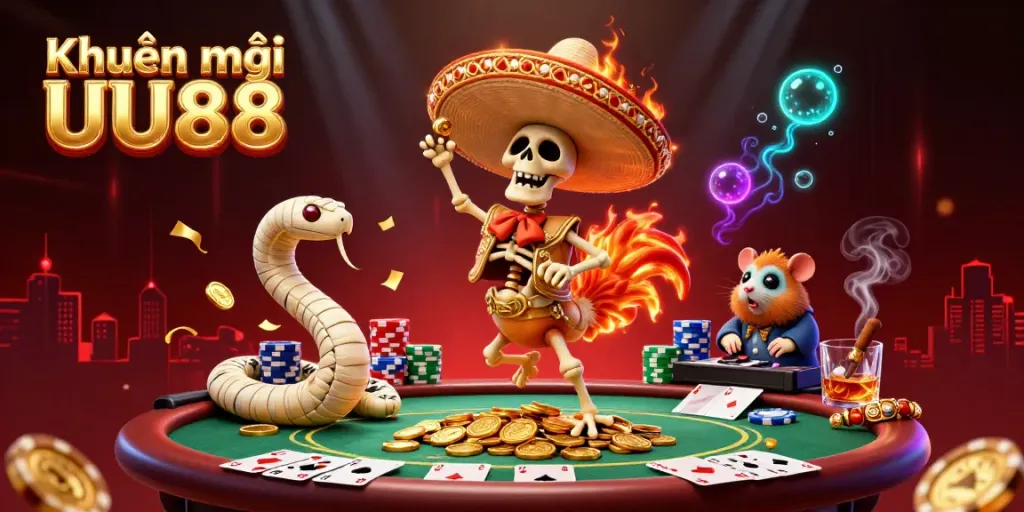 Experience the thrilling Khuyến mãi UU88 with exciting characters celebrating amidst poker chips and glowing lights.