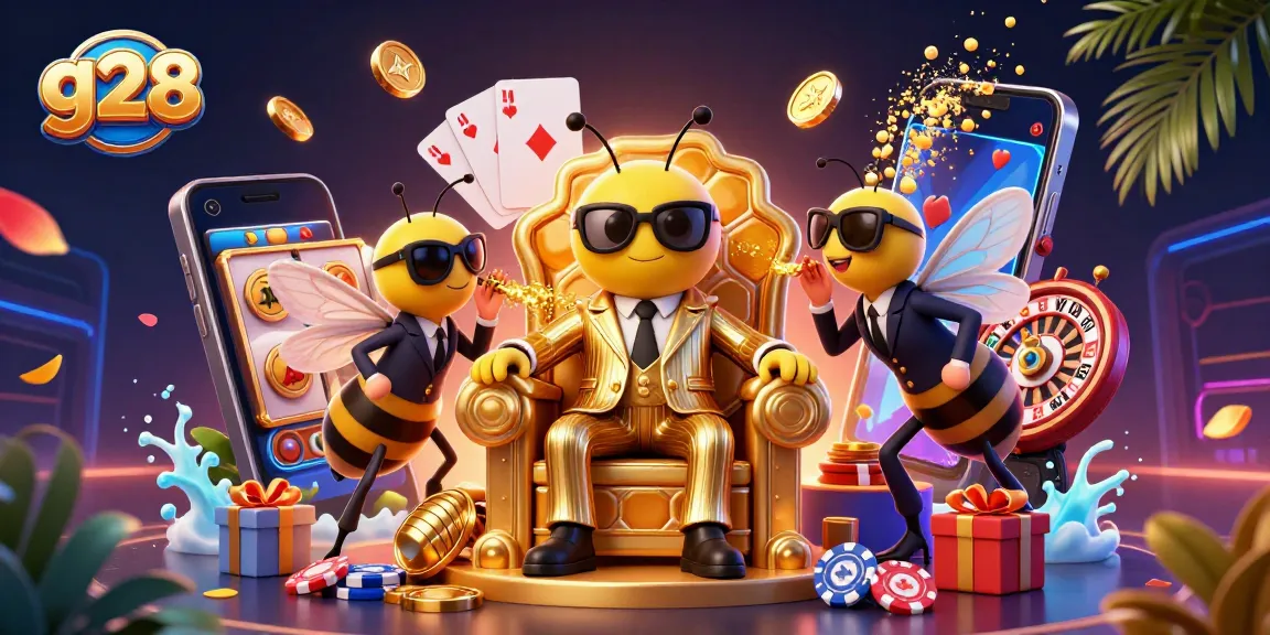 Engage with g28's thrilling gaming experience featuring a bee mob boss, surrounded by vibrant slot game elements.