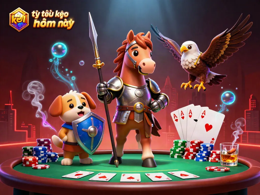 Exciting action scene illustrating tỷ lệ kèo nhà cái hôm nay with knight, squire, and falcon around poker items.