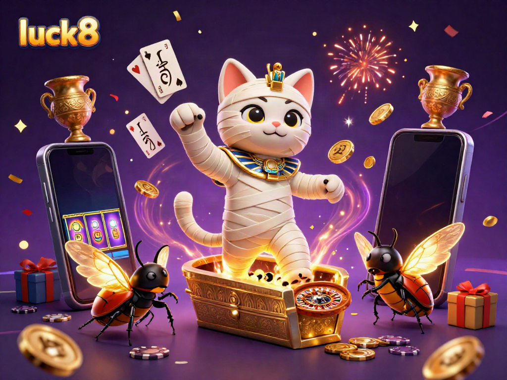 Engage with luck8 in a vibrant casino scene featuring cartoon characters, slot games, and festive energy.