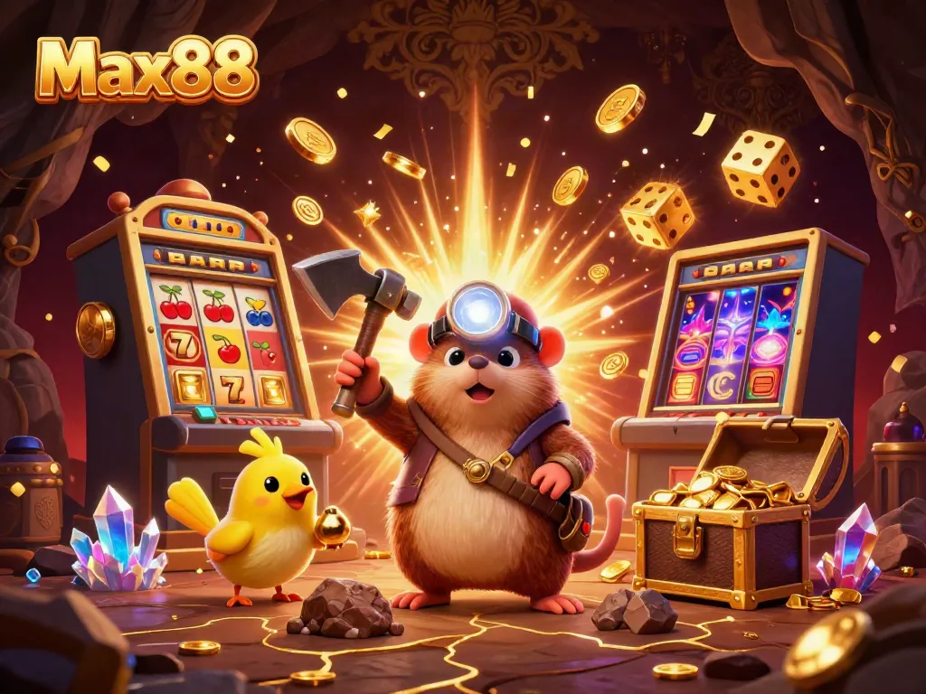 Max88 slots explosion with vibrant treasure and characters celebrating wins in a casino scene