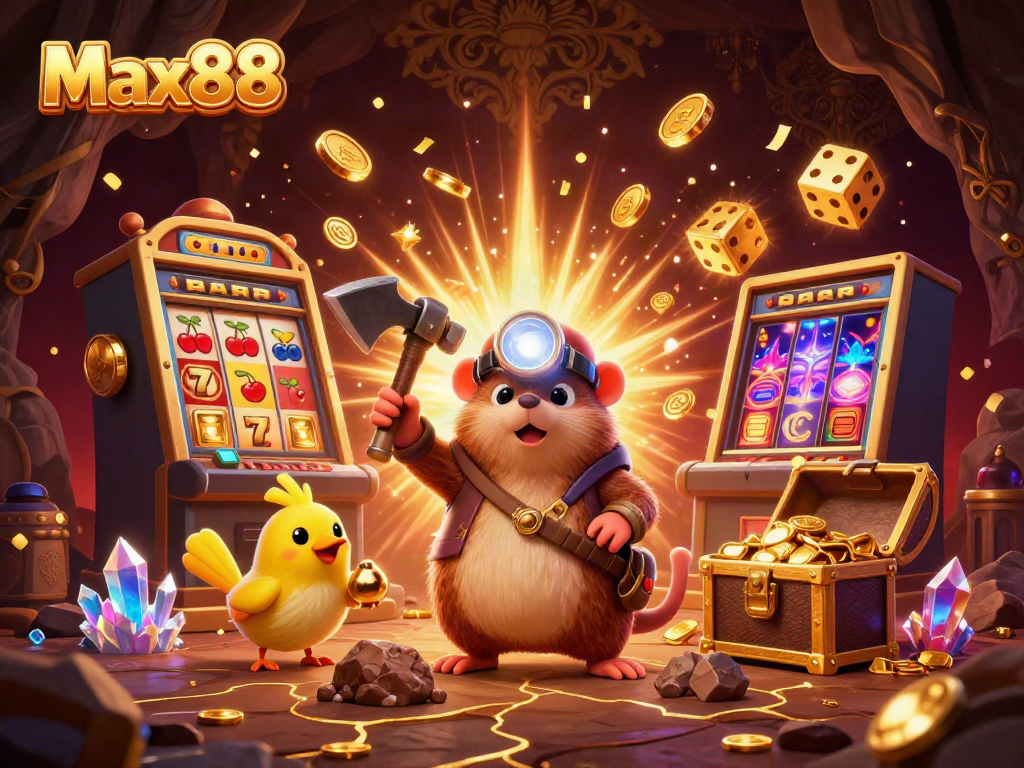 Max88 slots explosion with vibrant treasure and characters celebrating wins in a casino scene
