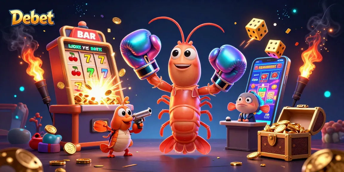 Experience gaming excitement with Debet's vibrant casino scene featuring animated characters and thrilling symbols.