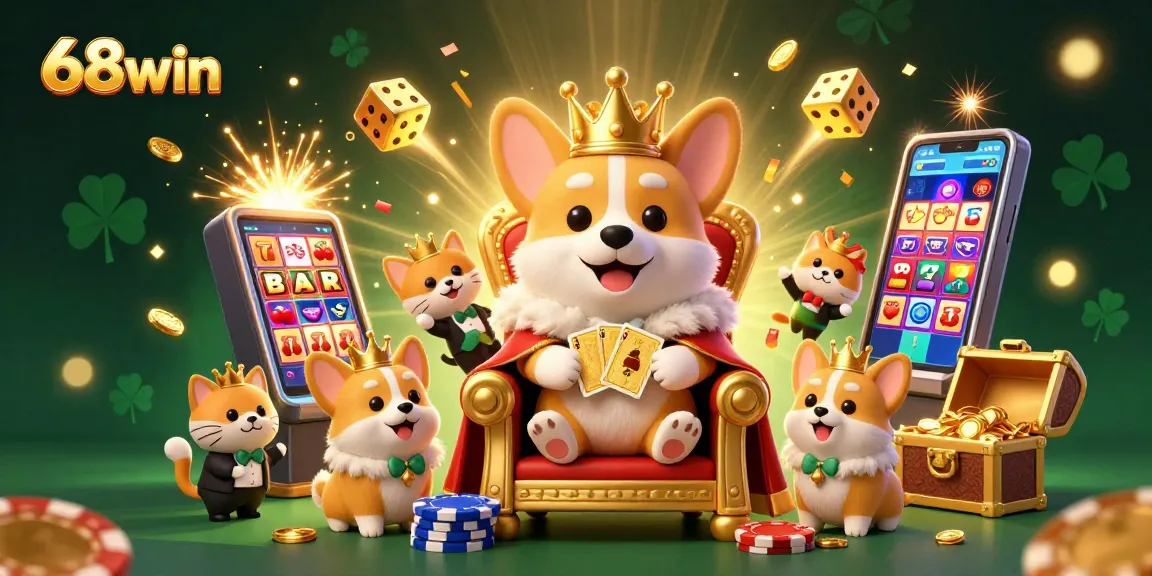 Experience the excitement of 68win with a vibrant casino scene featuring lively characters and slot machines bursting with rewards.