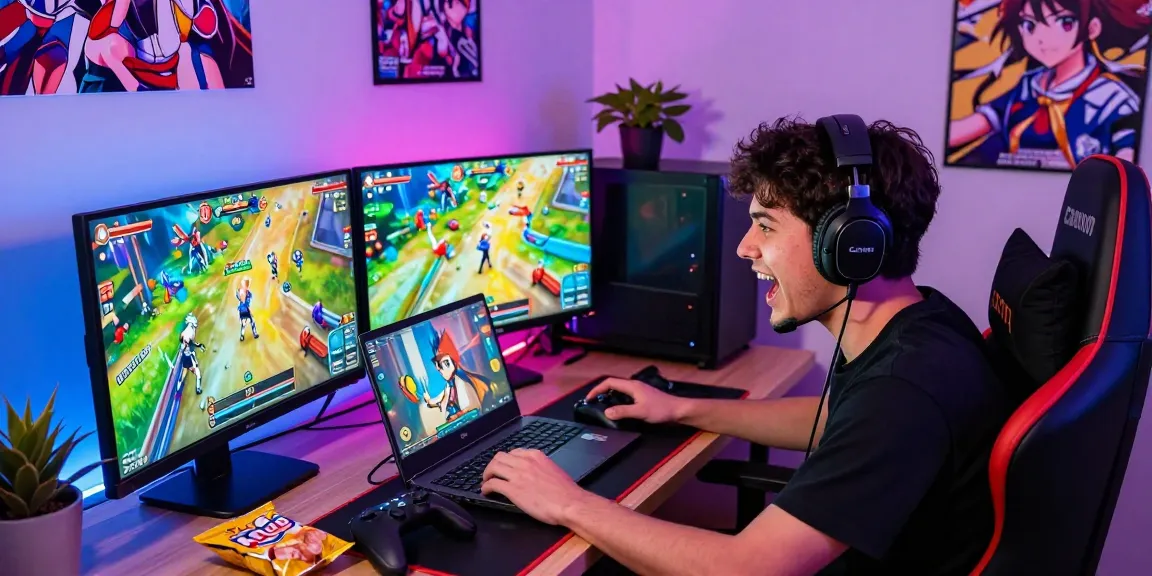 Excited gamer immersed in real ecchi games with colorful ambient lighting and dual monitors in a cozy gaming setup.