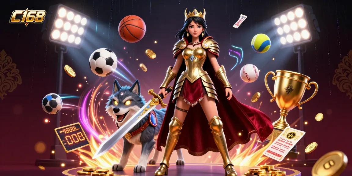 C168 showcases a dynamic 3D casino scene with a warrior queen and glowing wolf amidst sports betting excitement.