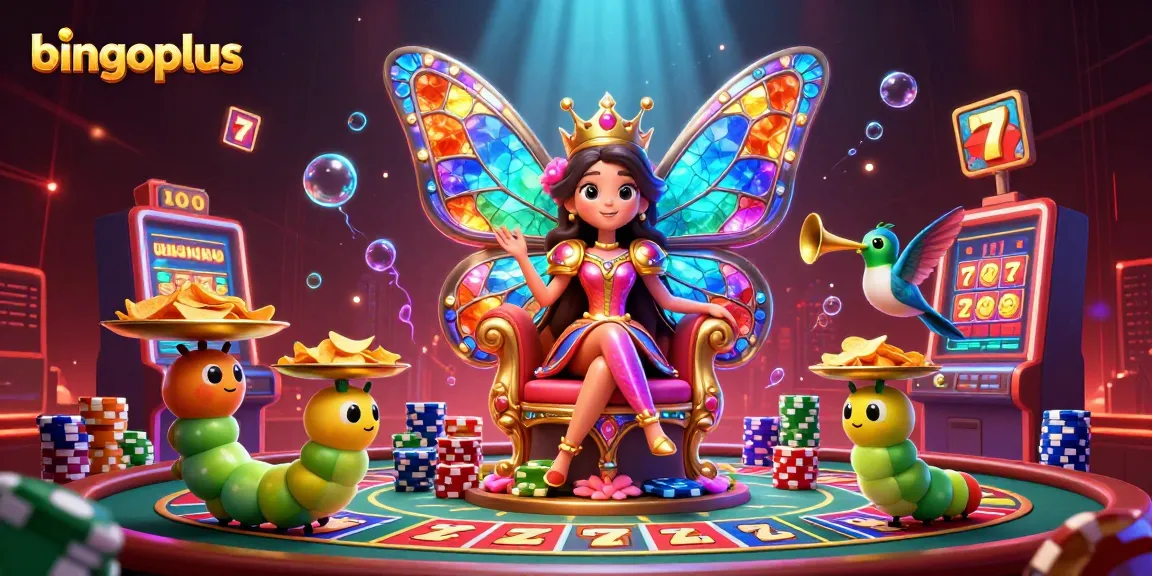 Spin the reels at bingoplus with an enchanting 3D scene featuring a butterfly queen and vibrant slot elements.