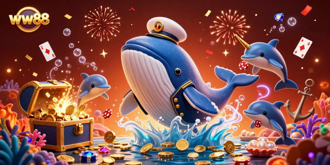 Engage with the vibrant gaming world of ww88, featuring 3D whales and poker animations in an immersive scene.