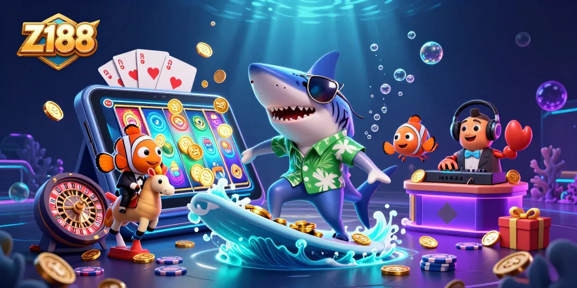 Z188 offers exciting underwater casino adventures with colorful games, featuring a shark enjoying gold coins.