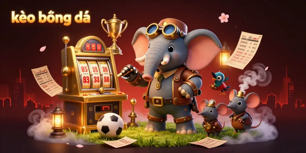 Engaging kèo bóng đá scene with a steampunk elephant, sports betting elements, and vibrant characters