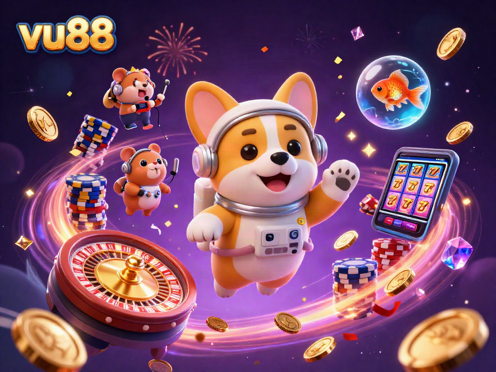 Experience the excitement at vu88 with a playful astronaut corgi in a cosmic casino.