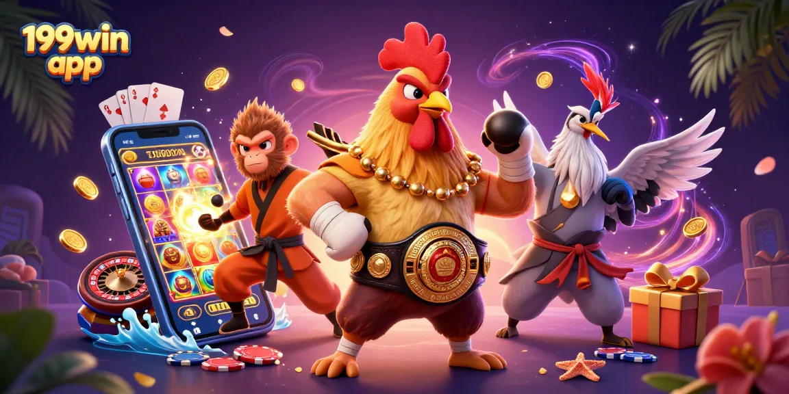 Engage in thrilling gaming with the 199win app showcasing dynamic casino characters and games.