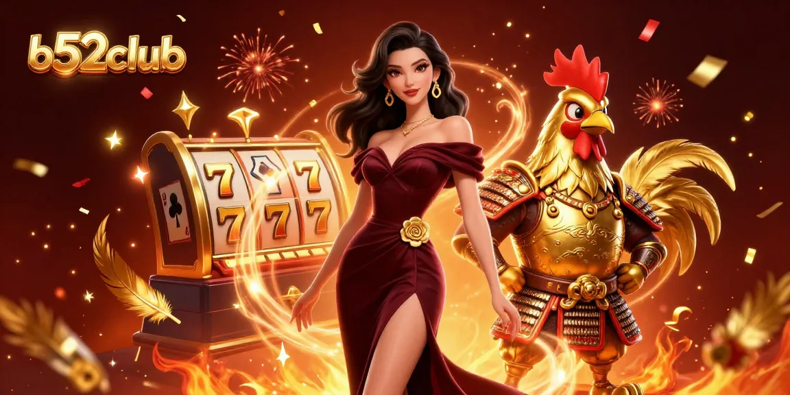B52club offers thrilling gameplay with a glamorous woman and a heroic rooster samurai at a vibrant casino celebration.