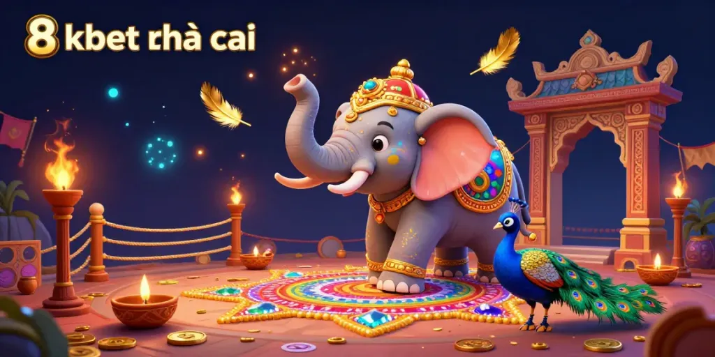 Experience the vibrant excitement of 8xbet nhà cái in an illustrated scene with a Diwali-themed elephant and gambling elements.