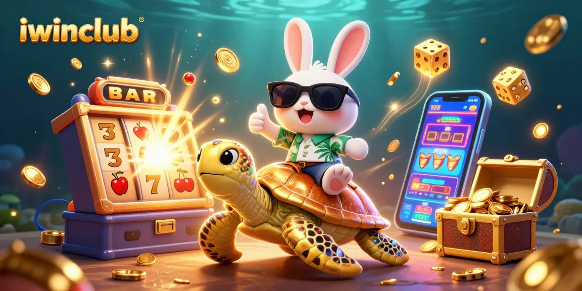 iwinclub offers thrilling jackpots with an adorable lucky rabbit and golden turtle in a casino scene.