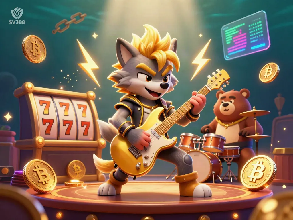 Engage with SV388 through an electrifying casino stage featuring a rock star wolf and a wild drummer bear.