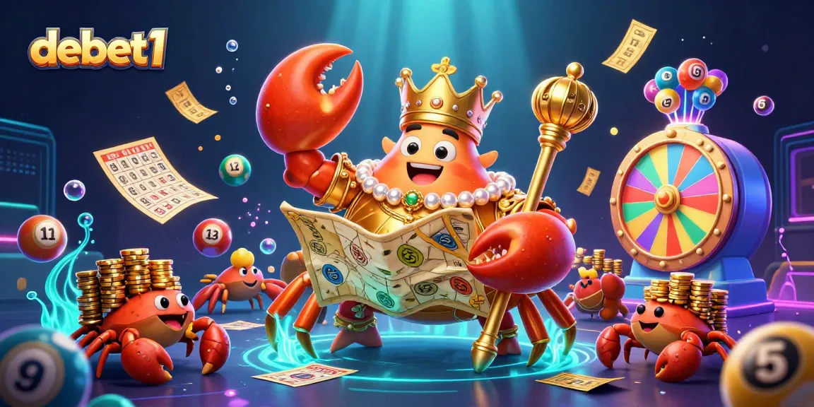 Engage with debet1's exciting lottery scene featuring a majestic crab emperor amid vibrant game elements.