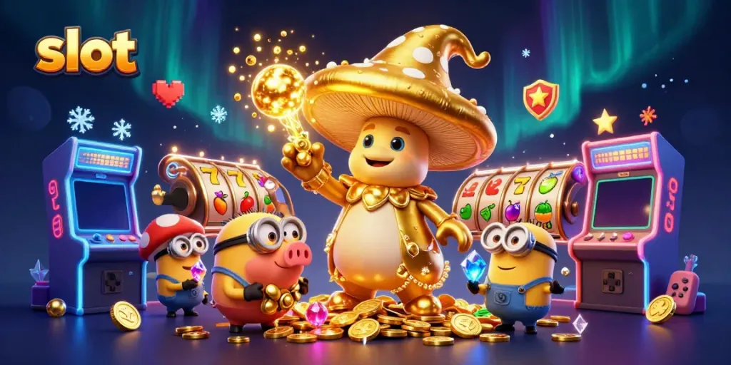 Engage in exciting slot adventures with a magical mushroom wizard, vibrant symbols, and sparkling gems.
