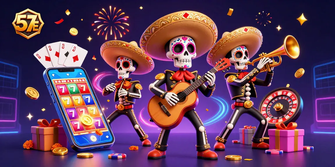 Engage with the vibrant 57 E mariachi celebration of slots and casino magic in this dynamic illustration.