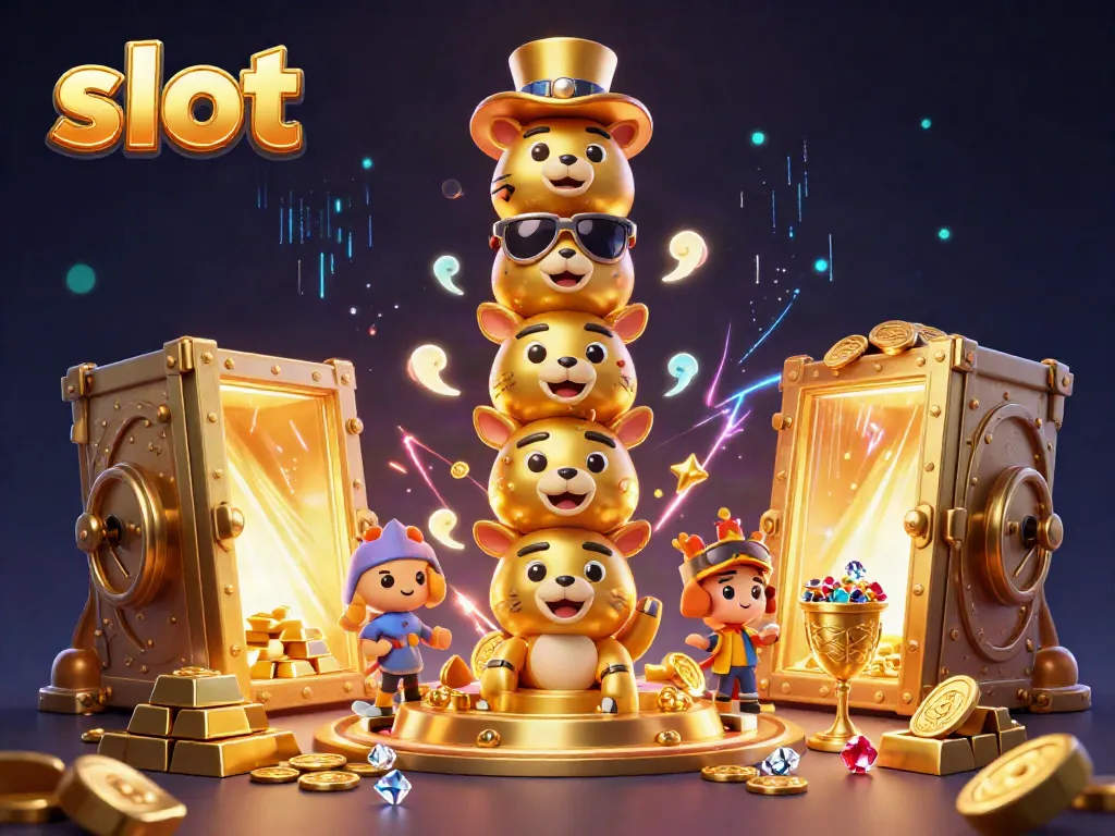 Engaging 3D scene of a slot-themed totem pole surrounded by vibrant casino treasures.