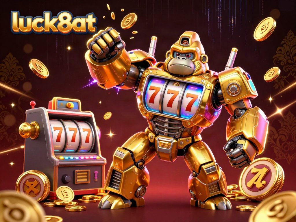 Experience the excitement of luck8at with a dynamic 3D scene featuring a golden gorilla mech and casino elements.