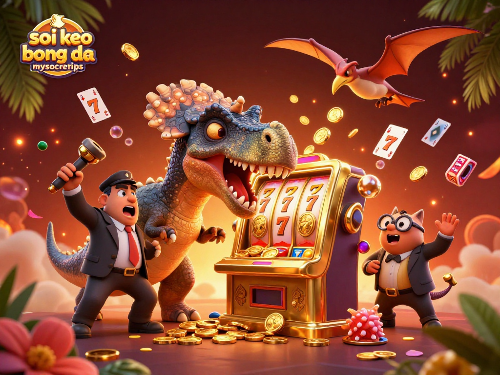 Soi keo bong da mysoccertips brings excitement with 3D dinosaurs at a golden slot machine winning coins.