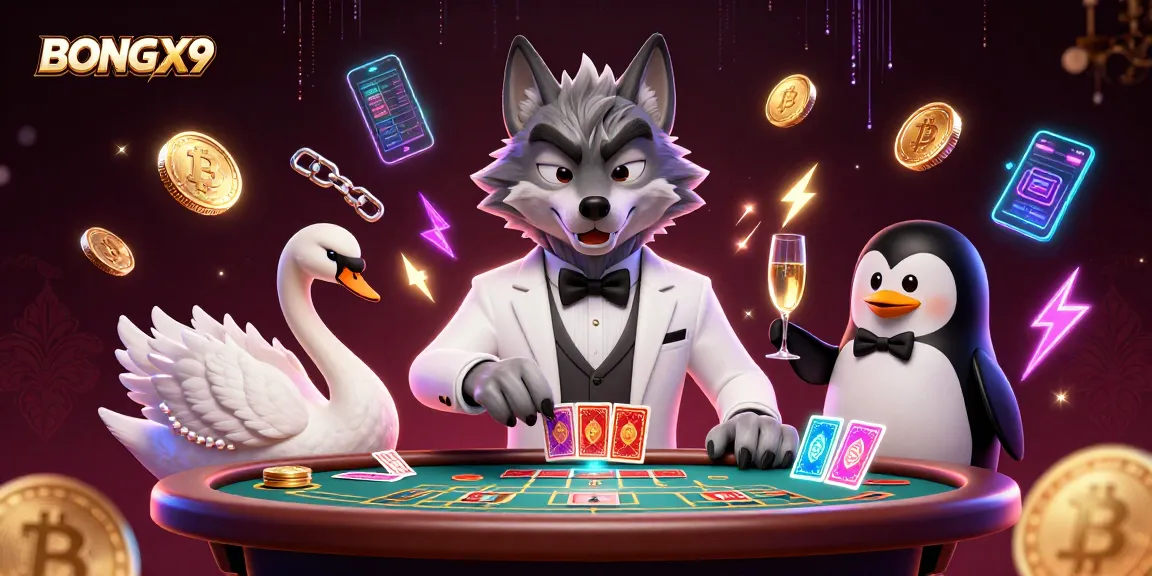 BONGX9 showcases a vibrant casino scene with a debonair wolf, elegant swan, and sophisticated penguin in a lavish baccarat atmosphere.