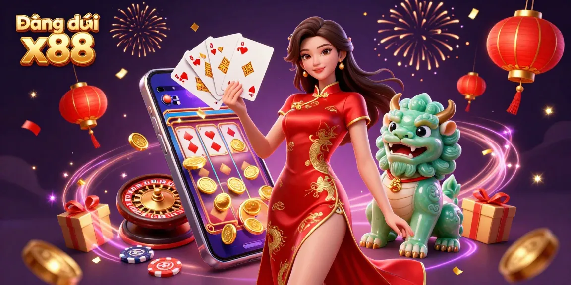 Engaging illustration of Đăng ký x88 with a woman in a qipao and gaming elements like slot games and cards.