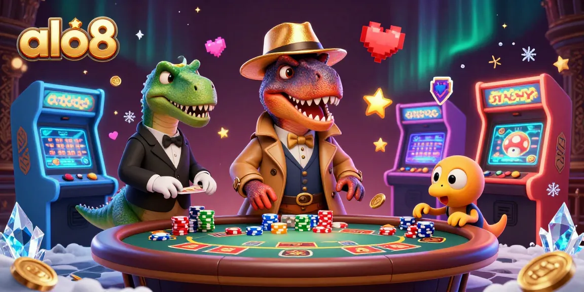 Immerse in the action at ALO8, where a velociraptor discreetly counts cards amidst a vibrant casino scene.