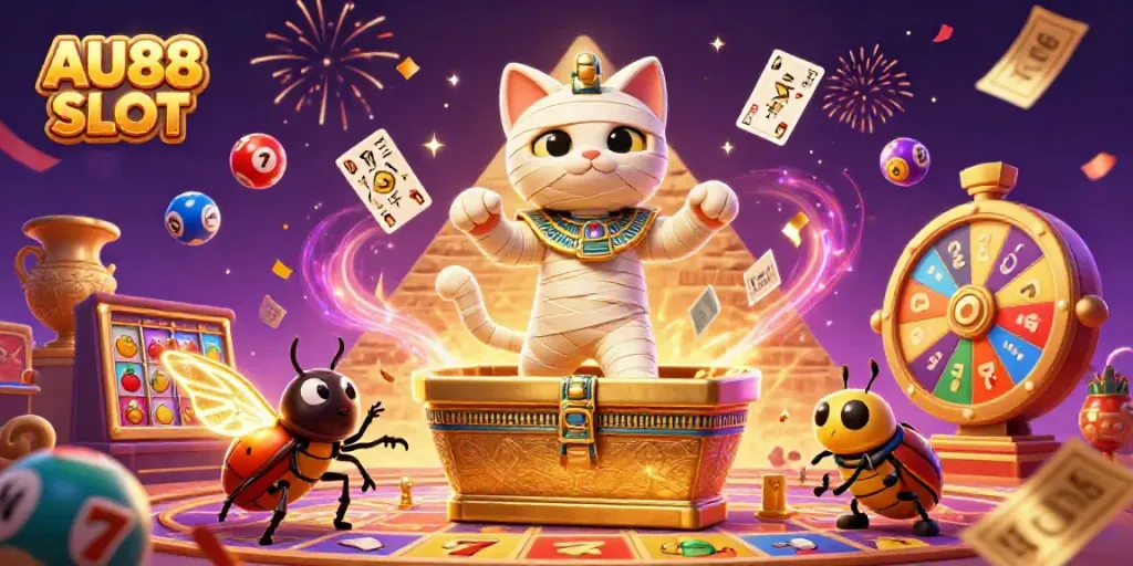 Experience the excitement of AU88 SLOT as the animated Egyptian mummy cat and its scarab companion burst into a vibrant casino.
