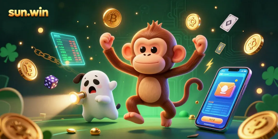 Experience the thrill of sun-win with a playful poltergeist monkey and a ghost-hunter puppy in a vibrant casino.
