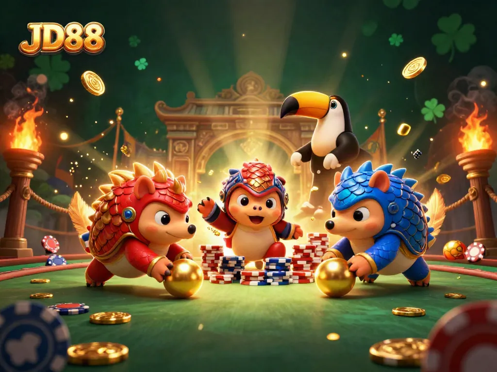 Join the action at JD88 as rival pangolins battle among poker chips and golden scales in this dynamic casino scene.