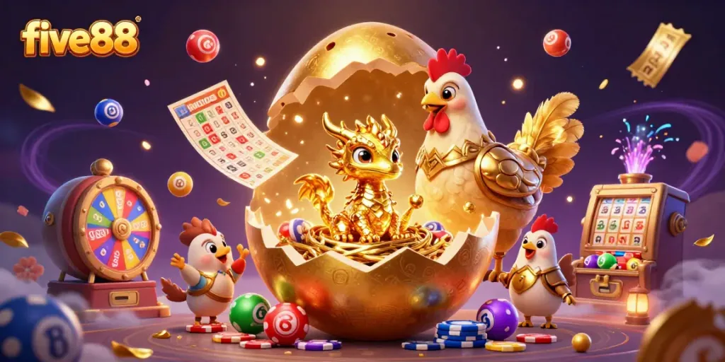 Engage with five88's golden dragon mascot amidst vibrant casino elements for a thrilling gaming experience.