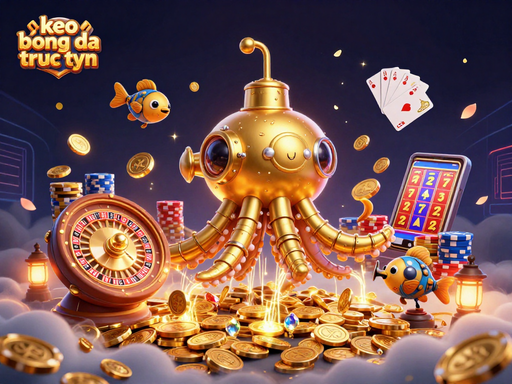 Engage in keo bong da truc tuyen with a mesmerizing golden kraken submarine surrounded by coins and gems.