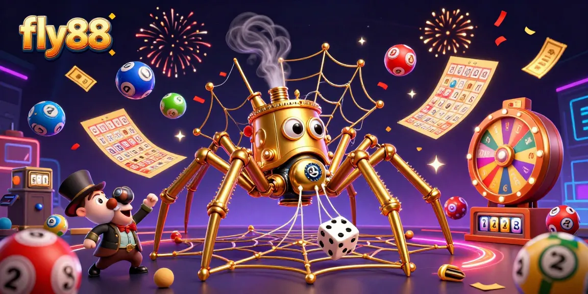 fly88 showcases a vibrant 3D casino scene with a golden spider, lucky elements, and dynamic lottery excitement.