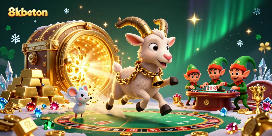 Experience the thrill of 8kbeton with a festive gambling scene featuring playful characters in a vibrant casino atmosphere.