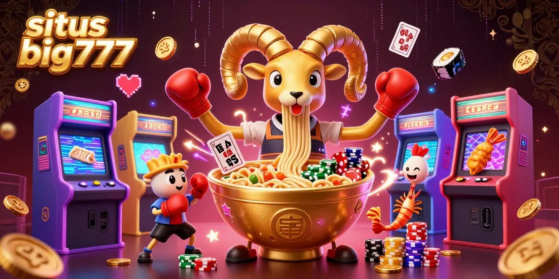 Engage with situs big777's vibrant online slots as the golden ramen bowl deals cards in this thrilling promotional illustration.
